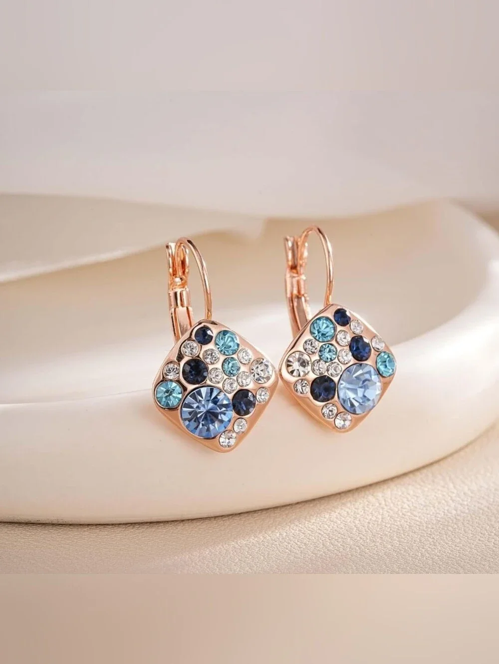 Multicolored Austrian Crystal Square Drop Leverback Huggie Earrings - Picture 5 of 6